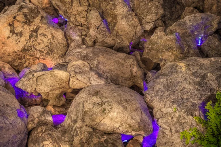 Image similar to rocks falling off a cliff in the evening, purple glow