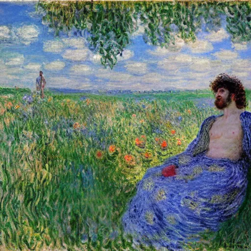 Prompt: midsommar god of beauty men by claude monet