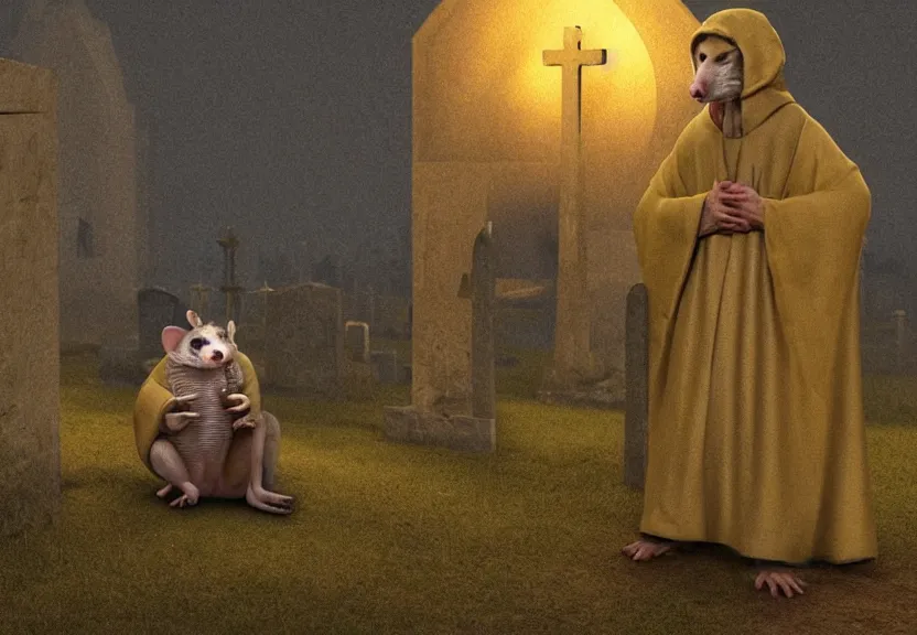 Image similar to a possum dressed like a monk at a medieval cemetery at night, isometric, highly detailed 8k