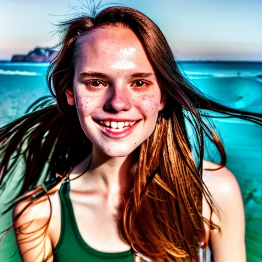 Image similar to A cute young woman, long shiny bronze brown hair, green eyes, cute freckles, smug smile, golden hour, beach setting medium shot, mid-shot, photography by Erwin Olaf