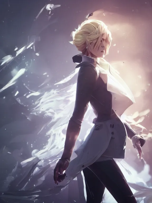 Image similar to illustration of annie leonhart inside arcane universe wearing an elegant tailcoat, au naturel, hyper detailed, digital art, trending in artstation, arcane league of legends, cinematic lighting, studio quality, smooth render, unreal engine 5 rendered, octane rendered, concept art, smooth, sharp focus, illustration