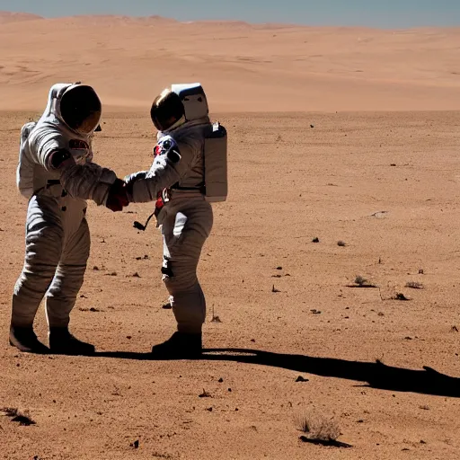 Prompt: two astronauts standing in the middle of a desert shaking hands, one of the astronauts are on fire