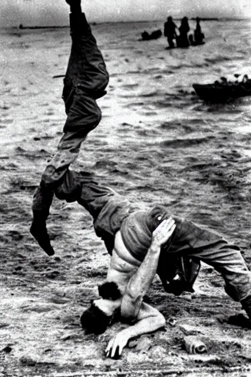 Image similar to historical ww 2 photograph of'pauly shore '!!! doing a handstand on d - day invasion of normandy