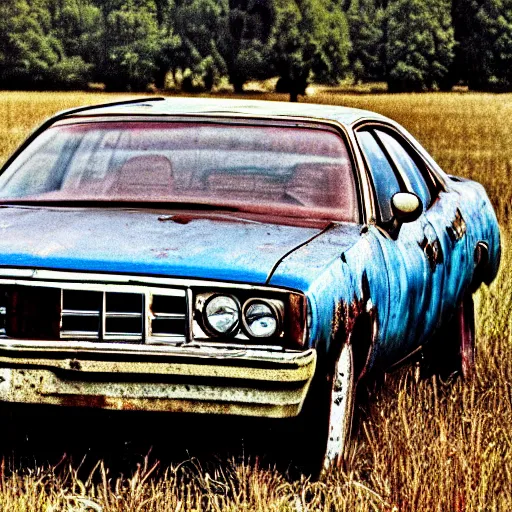 Prompt: A photograph of a rusty, worn out, broken down, decrepit, run down, dingy, faded, chipped paint, tattered, beater 1976 Denim Blue Dodge Aspen in a farm field, photo taken in 1989