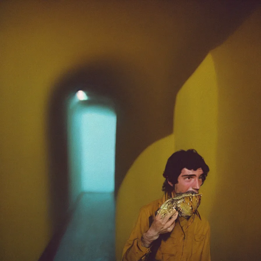 Prompt: 7 0 s movie still of a man with a jaw full of moth in a yellow wall tunnel, cinestill 8 0 0 t 3 5 mm eastmancolor, heavy grain, high quality, high detail