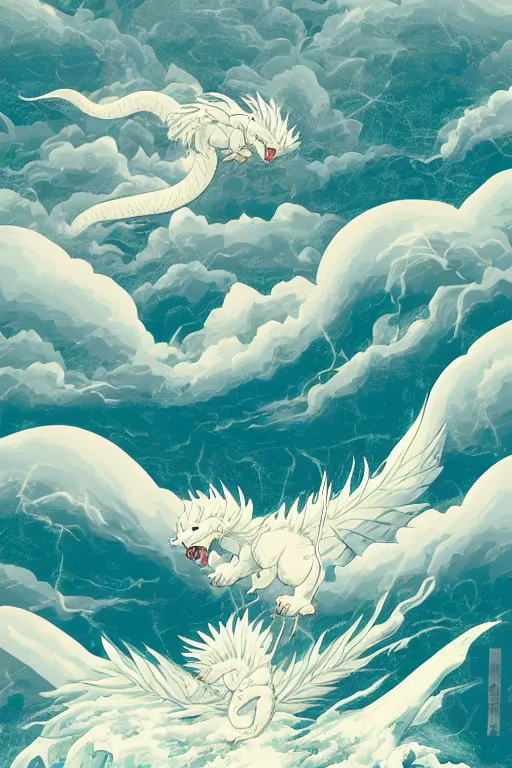 Image similar to Japanese poster art of a white dragon flying in front of a stormy sea during a thunderstorm, cliffs, clouds, thunder adobe illustrator, graphic design 4k, colourful, abstract design,