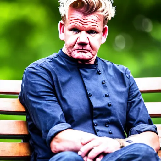 Image similar to dslr photo still of sad gordon ramsay sitting on a park bench with a tear on his cheek, 8 k, 1 1 0 mm f 1 6