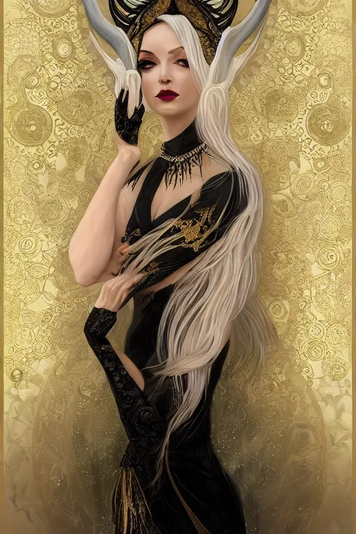 Image similar to fullbody!! of a beautiful woman with white hair, big natural horns on her head, long flowing intricate black lace dress, gold and gemstone jewellery, dnd, face, fantasy, intricate, elegant, highly detailed, digital painting, artstation, concept art, smooth, sharp focus, illustration, art by artgerm and greg rutkowski and alphonse mucha