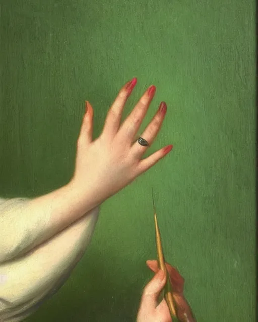 Image similar to by 1 9 th century famous painter, hands, nail polish, realism, realistic, oil painting, green wallpaper background