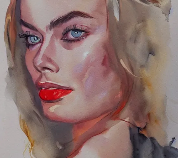 Image similar to A portrait of margot robbie made out of watercolor, trending on artstation