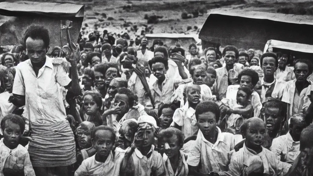 Image similar to a photo of the 1 9 8 4 famine and live - aid in ethiopia as seen through a tv screen, dark, moody, 8 k