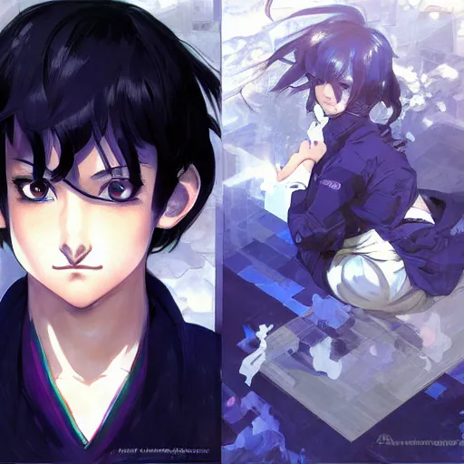 Image similar to small boy with black hair and blue purple eye, school uniform, anime style, hyper detailed, illustration, digital painting, art by artgerm and greg rutkowski and alphonse mucha, high delicate defined details, anime stylized, highly detailed, realistic, sharp focus, symmetrical face