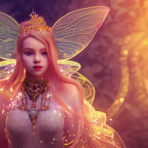 Image similar to portrait of fairy princess, glowing, ornate and intricate jewelry, jaw dropping beauty, glowing background lighting, white accent lighting, hyper detailed, fairy tale, 4 k octane render