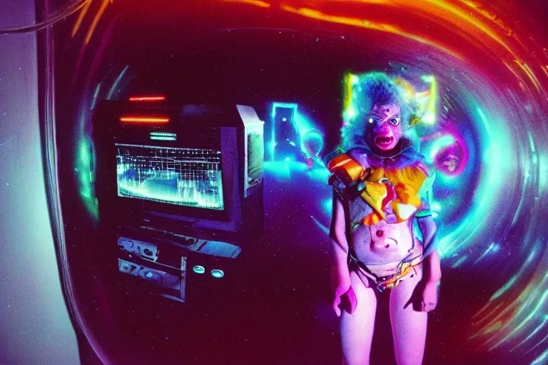 Prompt: friendly cyborg - clowngirl emerging from a space portal in cyberspace, fractaling outwards, in 1 9 8 5, y 2 k cutecore clowncore, bathed in the glow of a crt television, crt screens in background, low - light photograph, in style of tyler mitchell