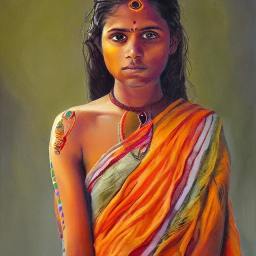 Prompt: stunning, breathtaking, awe - inspiring award - winning concept art portrait painting by steve mccurry of a beautiful young hindu woman warrior with short, wavy hair, wearing a colorful sari