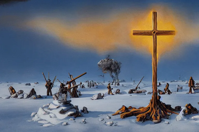 Image similar to a cross set on fire on a snow covered field, painting by salvador dali, a matte painting by li shida, cgsociety, context art, redshift, matte painting, reimagined by industrial light and magic