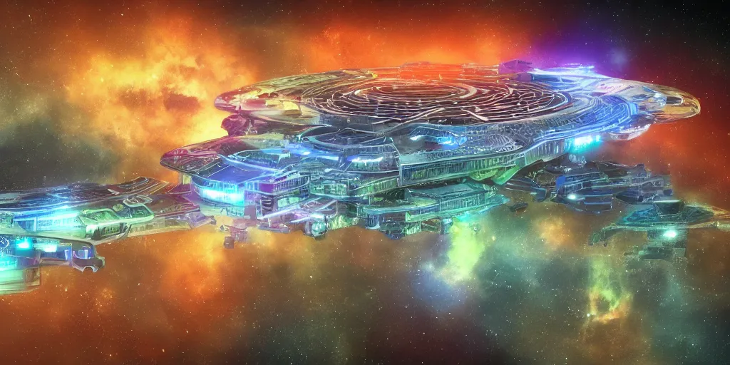 Prompt: a photo of a large distant hi-tech sci-fi mothership, with RGB diodes, bridges, turrets, pipes, space photography, color, intricate, extremely detailed, realistic