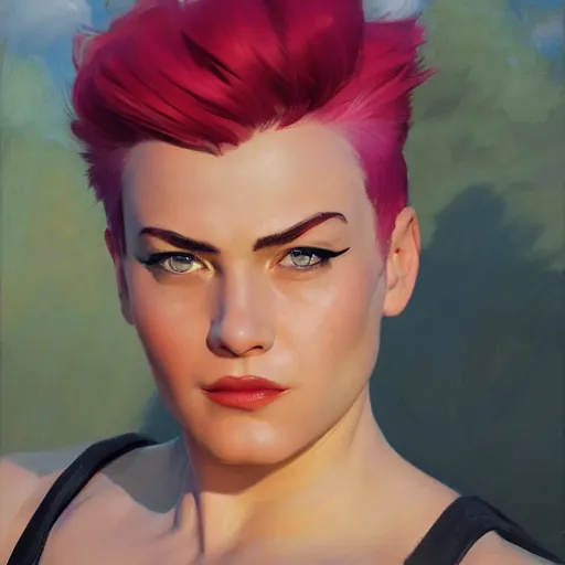 Image similar to greg manchess portrait painting zarya from overwatch, medium shot, asymmetrical, profile picture, organic painting, sunny day, matte painting, bold shapes, hard edges, street art, trending on artstation, by huang guangjian and gil elvgren and sachin teng