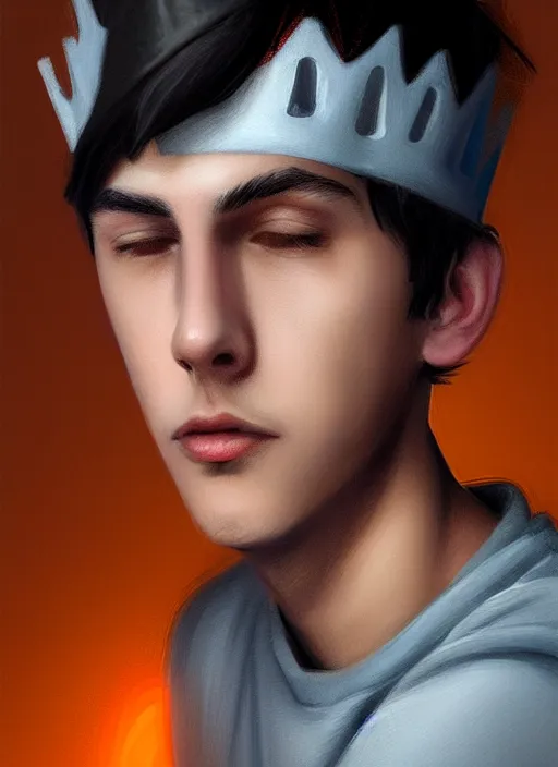 Image similar to portrait of teenage jughead jones wearing a light grey crown, crown, hamburger background, eyes closed, crown, black hair, orange, intricate, elegant, glowing lights, warm lighting, highly detailed, digital painting, artstation, concept art, smooth, sharp focus, illustration, art by wlop, mars ravelo and greg rutkowski