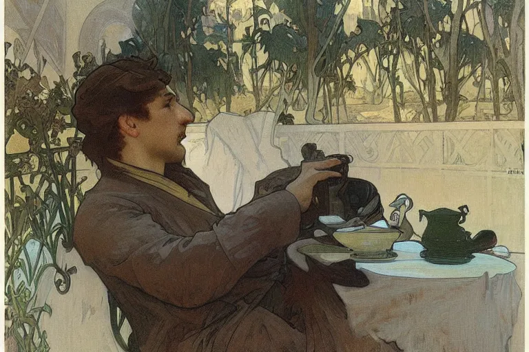 Image similar to a matte painting of a man sitting down and having a cup of tea in his house by the beach, by alphonse mucha, muted colors