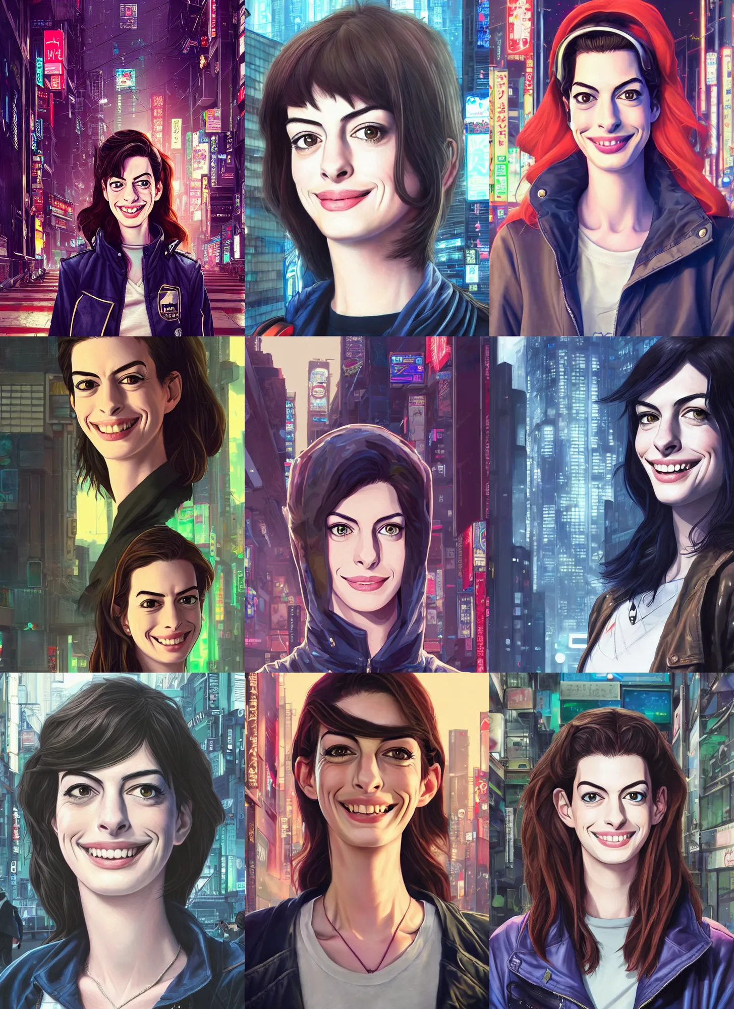 Prompt: a young anne hathaway smiling portrait in cyberpunk clothes, detailed face, in a tokyo street, trending on artstation, by dan mumford, yusuke murata, makoto shinkai, ross tran, cel shaded
