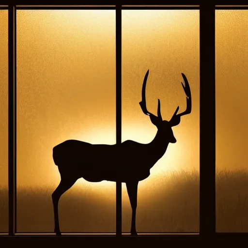 Prompt: a silhouette of a great deer standing majestic in a large industrial room with big windows, golden light, smoke, backlit, realistic photo, artstation