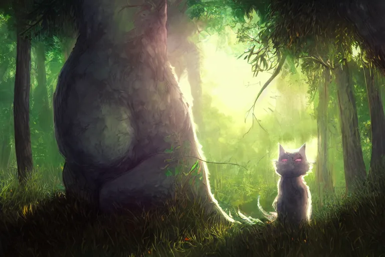 Image similar to a cat in the forest, trending on artstation, trending on furaffinity, digital art, by kawacy, anime, furry art, warm light, backlighting, cartoon, concept art