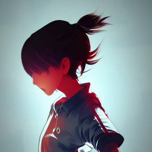 Prompt: shirt art, logo graphic design, frame around picture, manga style, realistic lighting, futuristic solid colors, made by ilya kuvshinov, sold on sukebannyc, from arknights, girl, elegant, round eyes, sport clothing, running shoes, simple red background