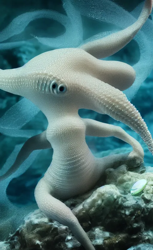 Prompt: humanoid sea lizard made of white translucent gelatin, under water, cinematic render, octane renderer