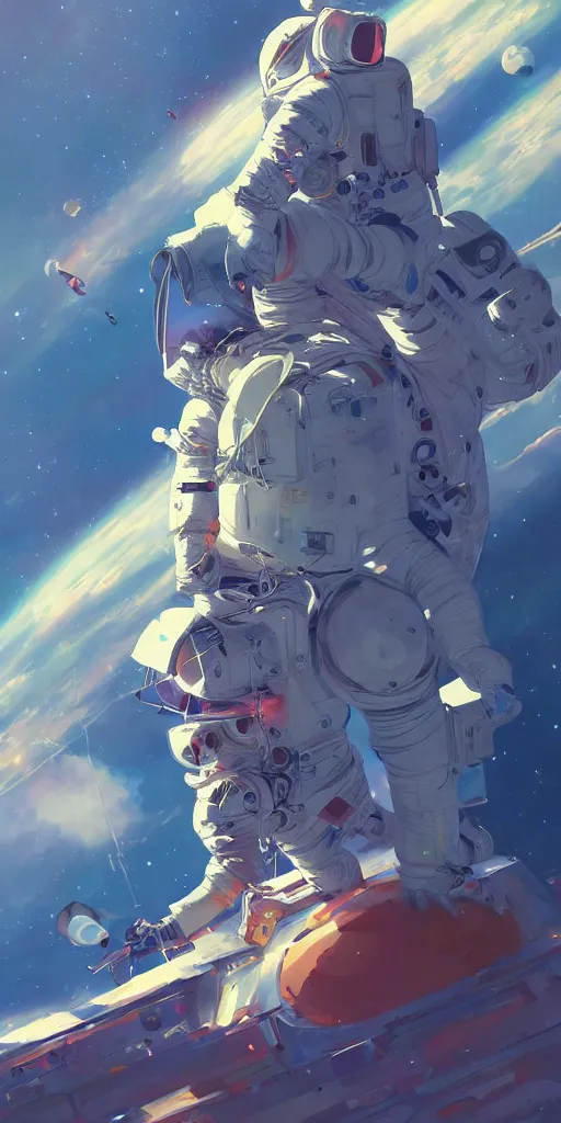 Prompt: an astronaut floating in space, vibrant colors, detailed, beautiful composition, space, by wlop and cushart krenz in the style of planetes, artstation