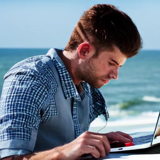 Image similar to storyboard sketch image of man working on laptop at sunny beach, perfect face, fine details