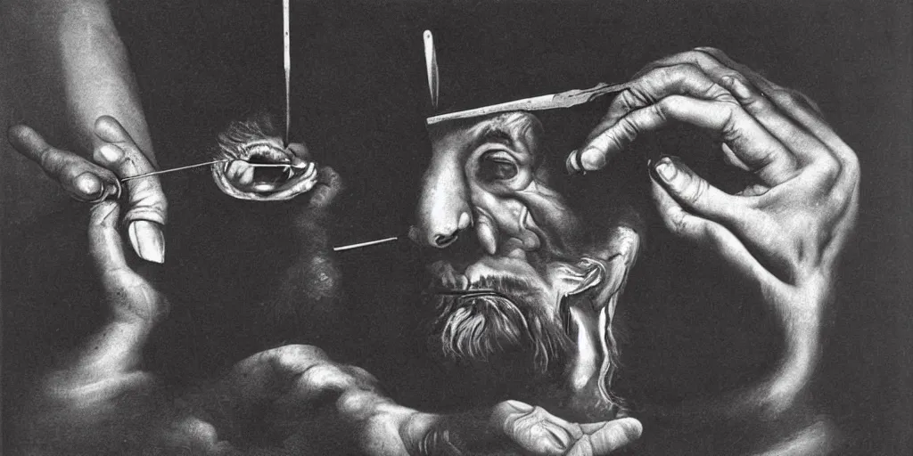 Image similar to a man removing a nail from his third eye by dali