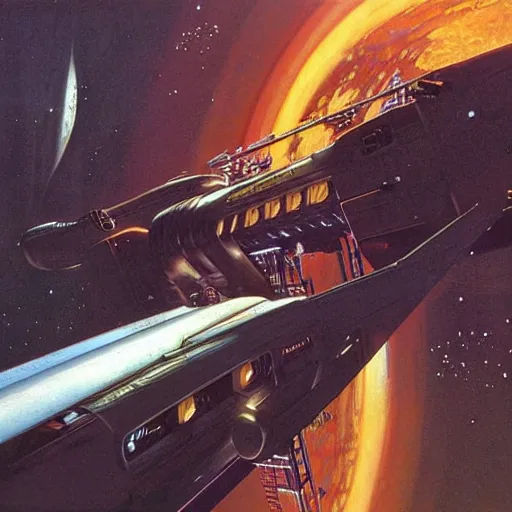 Image similar to science - fiction novel cover art by peter elson, syd mead, detailed, cinematic,