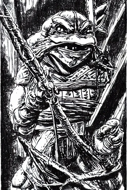 Prompt: leonardo the ninja turtle as a d & d monster, pen - and - ink illustration, etching, by russ nicholson, david a trampier, larry elmore, 1 9 8 1, hq scan, intricate details, high contrast