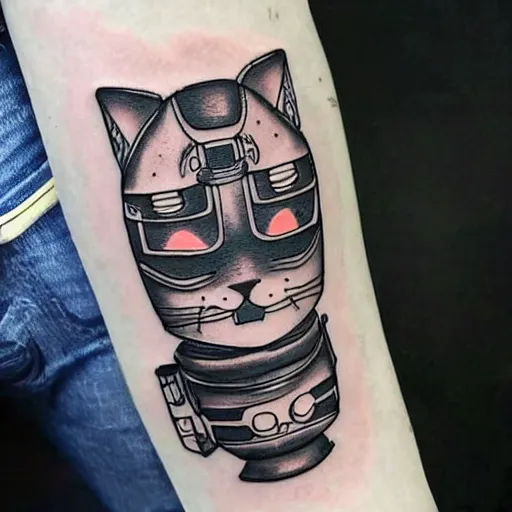 Image similar to Anime manga robot!! cat tattoo, cyborg cat, exposed wires and gears, fully robotic!! cat, manga!! in the style of Junji Ito and Naoko Takeuchi, tattoo on upper arm