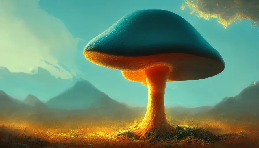 Prompt: A highly detailed digital art painting of a volatile nuclear caustic poison mushroom irradiated barren teal and yellow landscape by from software, Makoto Shinkai, by Artgerm, by beeple, volumetric lighting, octane render, 4K resolution, trending on artstation, masterpiece, vivid colours