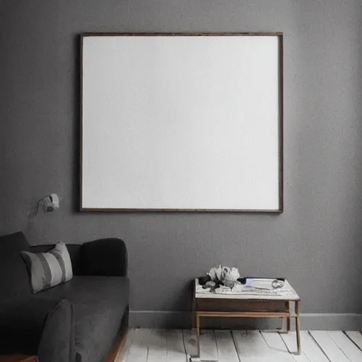 Prompt: a minimalist boho mockup photo with large blank frame, in a white studio, white walls, trending on pinterest and etsy