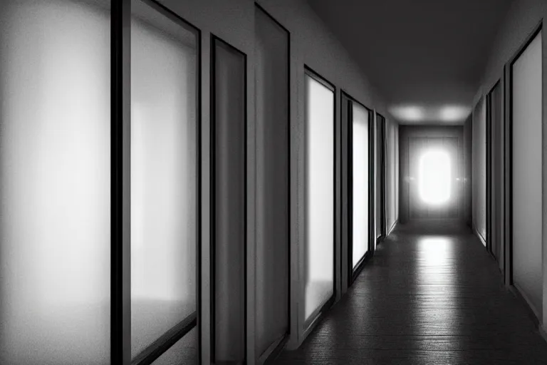 Image similar to a hallway of a suburban house at night. moonlight shines through the window at the end. a translucent shadow man walks down the hallway. digital art 4 k