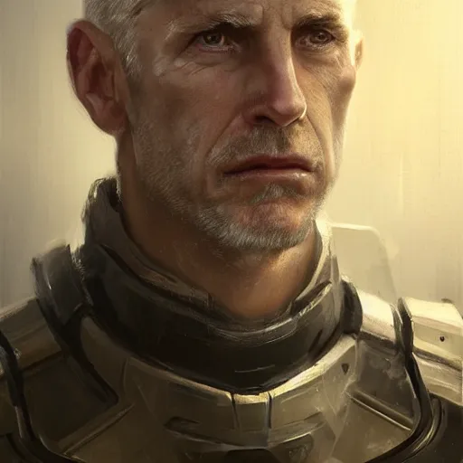 Image similar to Portrait of a man by Greg Rutkowski, he is about 50 years old, short blond hair, athletic and strong, straight jaw, wearing a futuristic tactical gear, expression of determination with weariness and resignation, older brother vibes, highly detailed portrait, digital painting, artstation, concept art, smooth, sharp foccus ilustration, Artstation HQ.