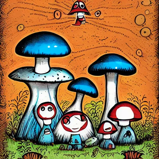 Prompt: a happy mushroom family by tim doyle and anna dittmann, macabre | creepy