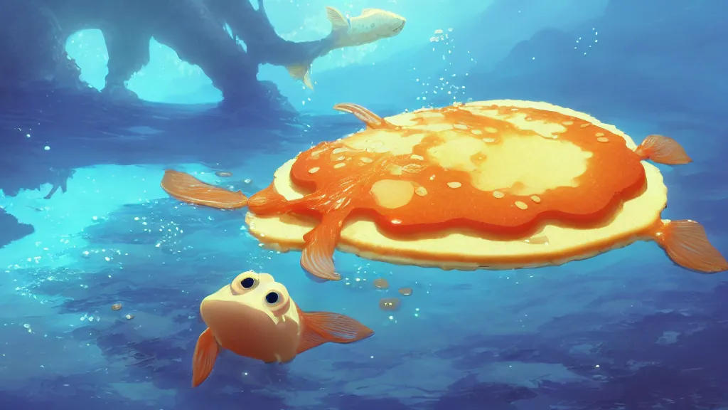 Prompt: digital underwater art of a happy flat pancake fish swimming in syrup, cute, 4 k, fish made of pancake, fantasy food world, living food adorable pancake, vivid atmospheric lighting, by makoto shinkai, studio ghibli, greg rutkowski, ross tran