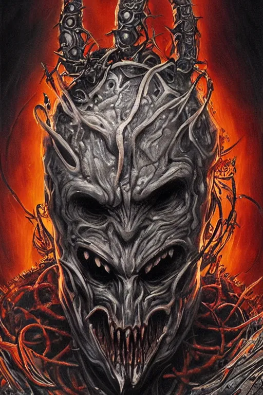 Image similar to Elden Ring and Doom themed painting of majestic crimson biomechanical infernal demon human hybrid beautiful undead angel symmetrical angry mask closeup face angry mask closeup tattoo pattern golden ratio concept, Neo-Gothic concept, infinity glyph waves, intricate artwork masterpiece, very coherent artwork, cinematic, full frontal facial features by Artgerm, art by H.R. Giger, Takato Yamamoto, Zdizslaw Beksinski, Johnatan Wayshak, Moebius, Ayami Kojima, very anatomically coherent artwork, trending on cgsociety, ultra high quality model, production quality cinema model, high detail chromatic ink outline, octane render, unreal engine 8k, hyper realism, high detail, octane render, unreal engine, 8k, High contrast