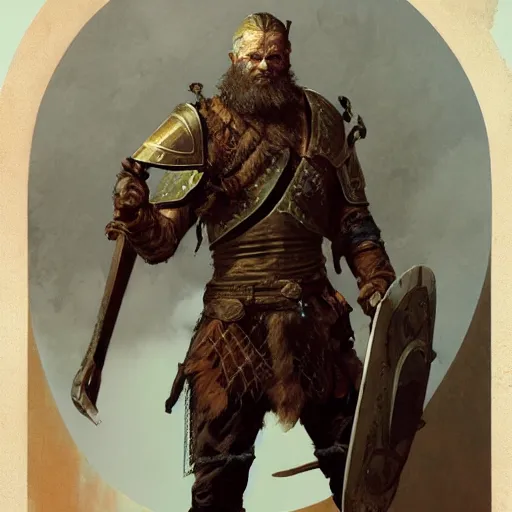 Image similar to rough-skinned, short-bearded undead Viking warrior with ice-pale skin wearing brutalist plate armor with art deco knotwork, by Greg Rutkowski, Brom, and Alphonse Mucha