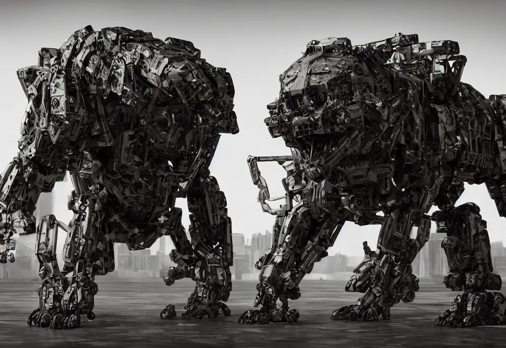 Prompt: military quadruped tiger shaped mech, with black carbon fibre muscular limbs, sinew, intricate parts, parametric design, pistons, robotics, modern, on an empty grimy concrete background, weta, cinematic, realistic, stylised, unreal engine, hyper realistic, octane render