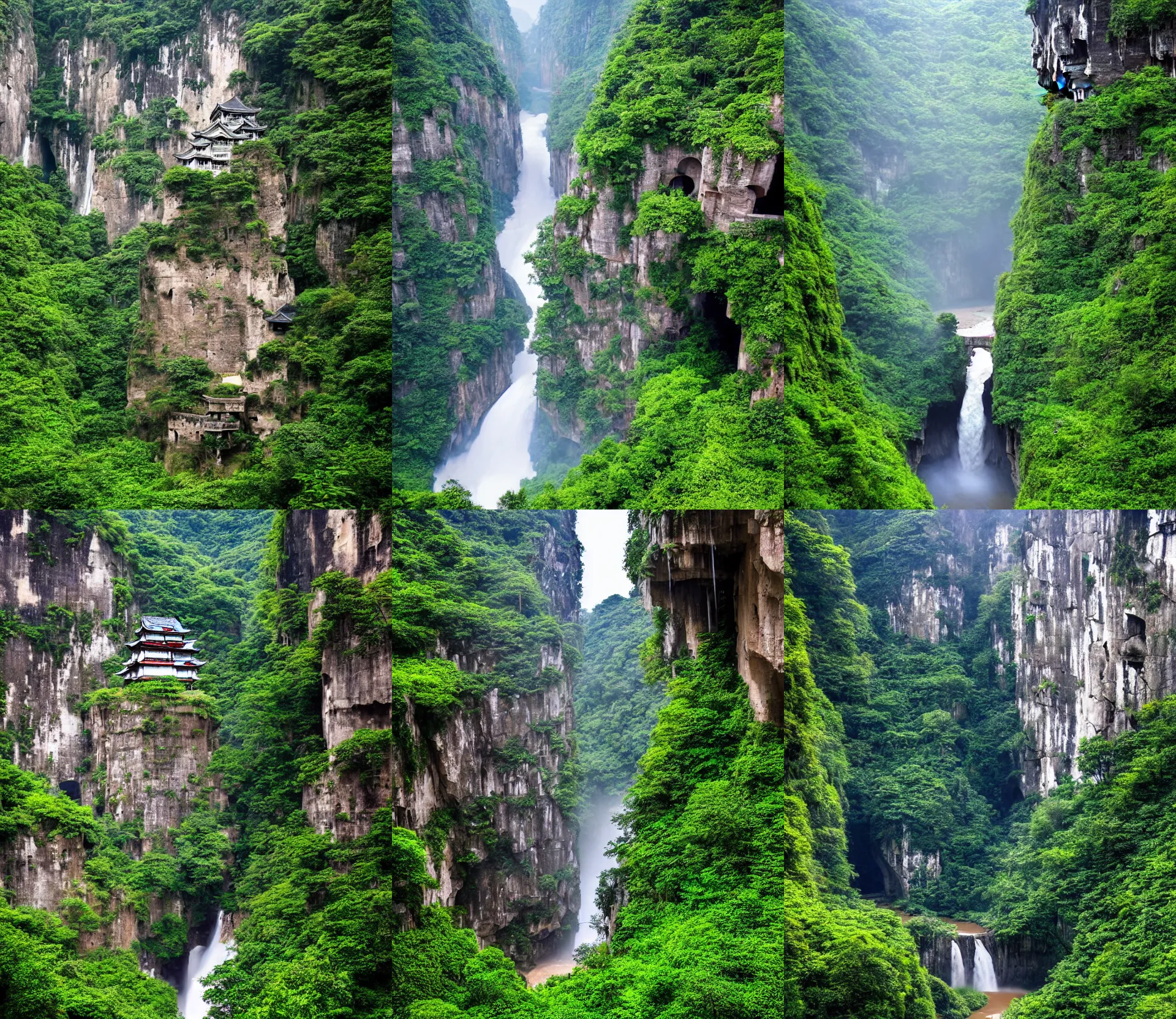 Prompt: very wide shot inside han son doong with waterfalls on either side of the cliff walls, a cloister is built into the cliff walls, at the top of the cliff is a japanese castle, at the bottom of the cliff is a meadow