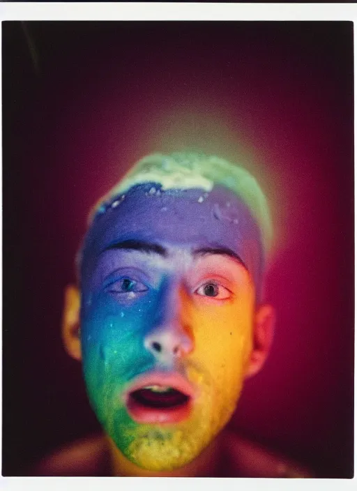 Prompt: detailed color analog medium format photo made by harmony korine, polaroid closeup photo of weird person getting splashed by another face on face in space, rim light, shot with a camera flash, high production value, intricate details, hyperrealistic, photorealistic, high definition, award - winning photography, masterpiece