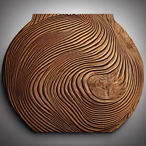 Image similar to a very intricate wood sculpture in the shape and texture of waves, fractal patterns, deep and expressive grain patterns, volumetric lighting, light rays, photorealistic, ultrarealistic, coronarender, 8k