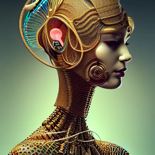 Prompt: portrait of an absurdly beautiful, graceful, sophisticated, fashionable egyptian cyberpunk mechanoid gravure idol, hyperdetailed illustration by irakli nadar, matt wisniewski style, intricate linework, fashion photography, porcelain skin, jellyfish headdress, golden cable necklace, unreal engine 5 highly rendered, radiant light, detailed and intricate environment
