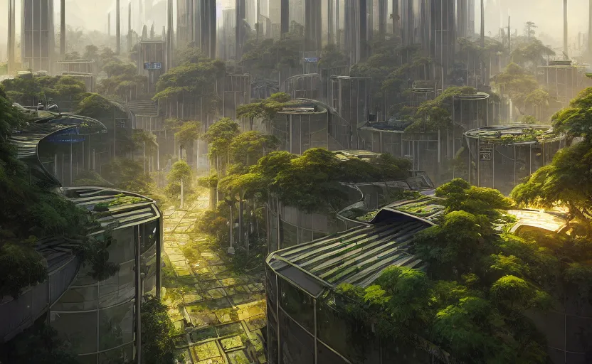 Prompt: solarpunk city with lush park in the center, walkable pathways, rooftop solar panels, cylindrical metropolis, highly detailed, digital painting, artstation, concept art, smooth, sharp focus, illustration, art by wlop, mars ravelo and greg rutkowski