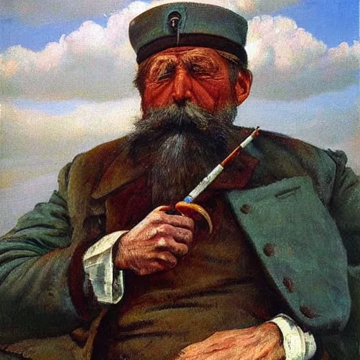 Image similar to painting of sailor hobo hyperrealism vasily vereshchagin with smoking pipe